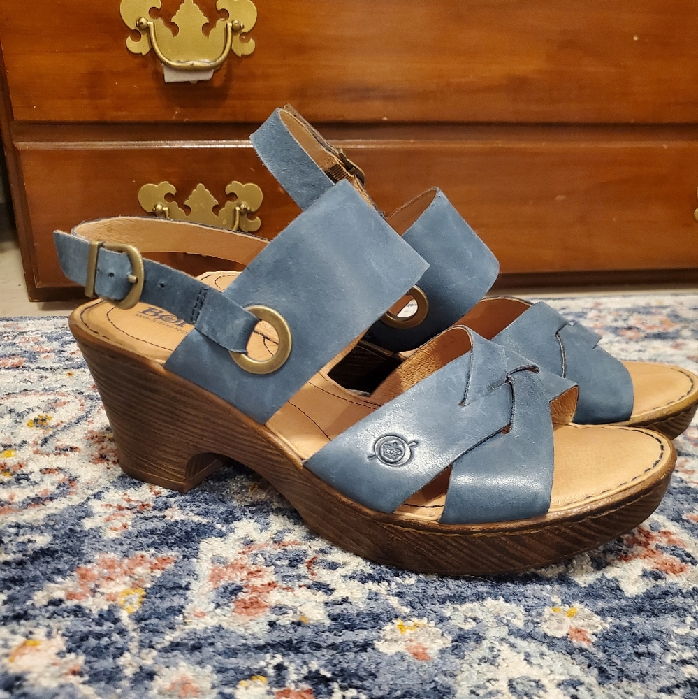 Born blue leather wedge sandals